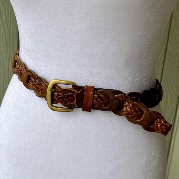 VTG Braided Leather Belt M/L Brown Brass Buckle Boho Western 90s Style - Picture 4 of 8
